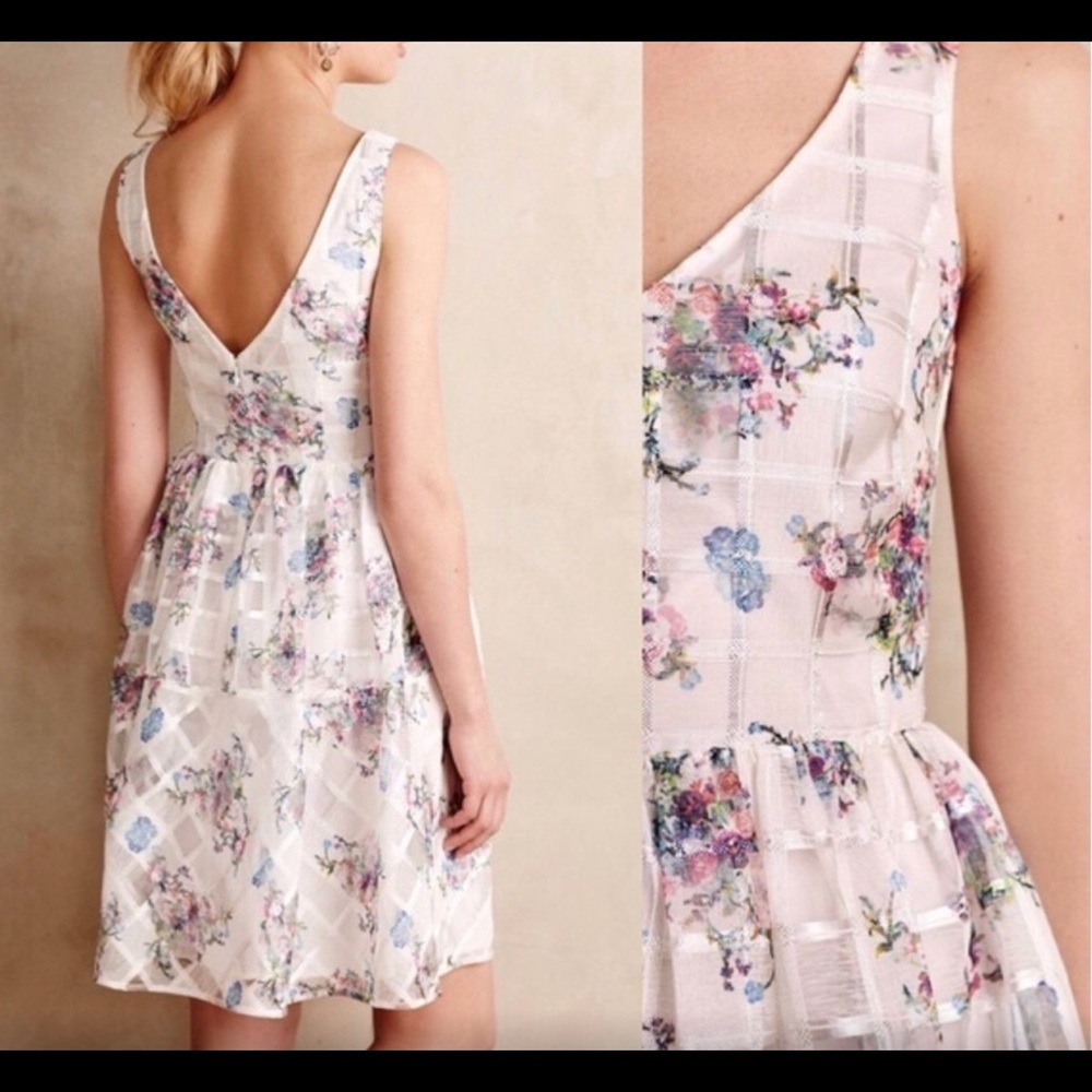 Maeve White Floral V-Back Mini Dress with Pink & Blue Blossoms